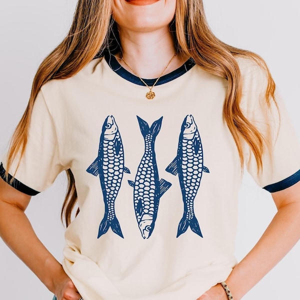 Shirt sardines, shirt visser esthetische, retro vintage ringer T-shirt, ringer T-shirt, Y2K esthetiek, foodie cadeau, shirt zeevruchten, ingeblikte vis