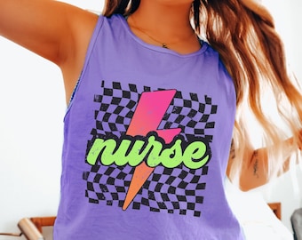 Neon Nurse Tank Top, Retro Checkered Nurse Shirt, Lightning