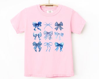 Kids Blue Bow Shirt, Youth Coquette Shirt, Kids Comfort Colors® Tee, Girlie Shirt, Bow Shirt, Coquette Aesthetic, Preppy Shirt, Trendy Tee