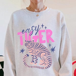 Easy Tiger Sweatshirt, Retro Tiger Shirt, Tiger Crewneck Sweatshirt, Trendy Boho Shirt, Cool Tees for Women, Retro Vintage Tiger Shirt Ash
