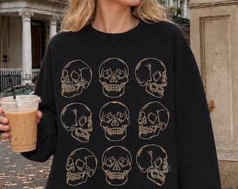 スケルトンスウェットシャツ、スカルハロウィンシャツ、ヴィンテージハロウィンスウェットシャツ、スカルシャツ、ゴシックハロウィン、女性用スウェットシャツ、秋用セーター