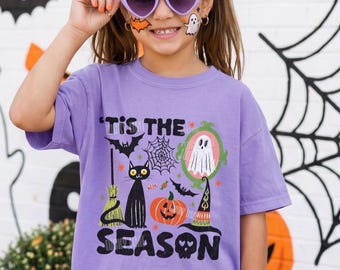 Camiseta infantil "Tis the Season Halloween", Camiseta infantil retrô Comfort Colors® para Halloween, Camiseta juvenil de Halloween, Camiseta feminina de outono, Camiseta infantil de fantasmas