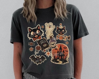 Retro Halloween Collage Cropped Shirt, Comfort Colors® Vintage Halloween Crop Top, Pumpkin Halloween Shirt, Spooky Season, Black Cat Shirt