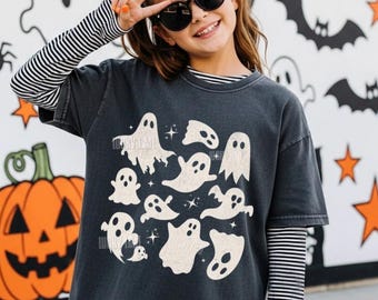 Kinder T-shirt met spookjesmotief voor Halloween, T-shirt met spookjescollage, Halloween T-shirt voor meisjes, Leuk T-shirt met spookjes, Spooky Season, Spooky Vibes