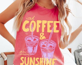 Tanktop ijskoffie en zonneschijn, retro zomershirt, cadeau koffieliefhebber, trendy vakantietanktop, comfort Colors®-tanktop