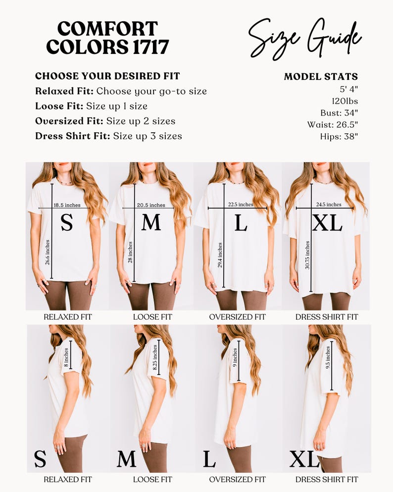 Puede incluir: Gu&iacute;a de tallas para camisetas Comfort Colors 1717. La imagen muestra modelos con camisetas blancas en tallas S a XL. Las medidas est&aacute;n en pulgadas. La gu&iacute;a detalla los ajustes Relaxed, Loose, Oversized y Dress Shirt, junto con las estad&iacute;sticas del modelo.