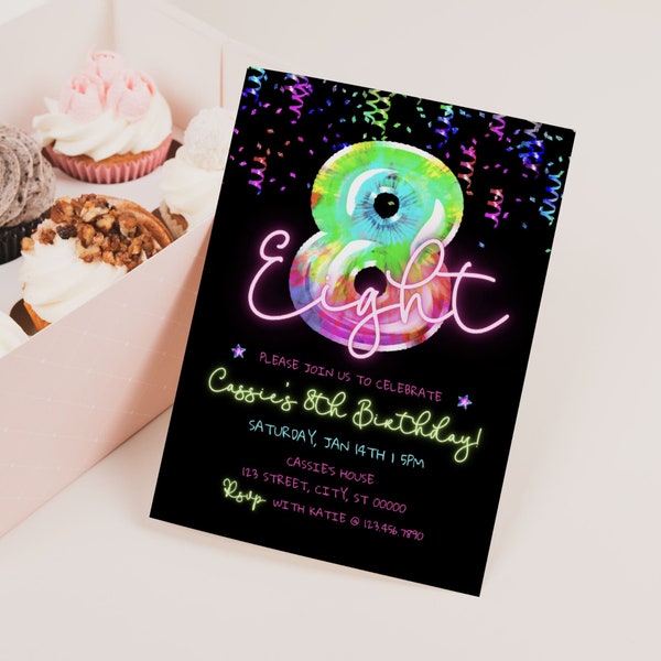 8th Birthday Invitation Hot Pink Tie Dye Neon Invite Confetti Party Template Invite Girl Eighth Birthday Foil Balloons Download and Print