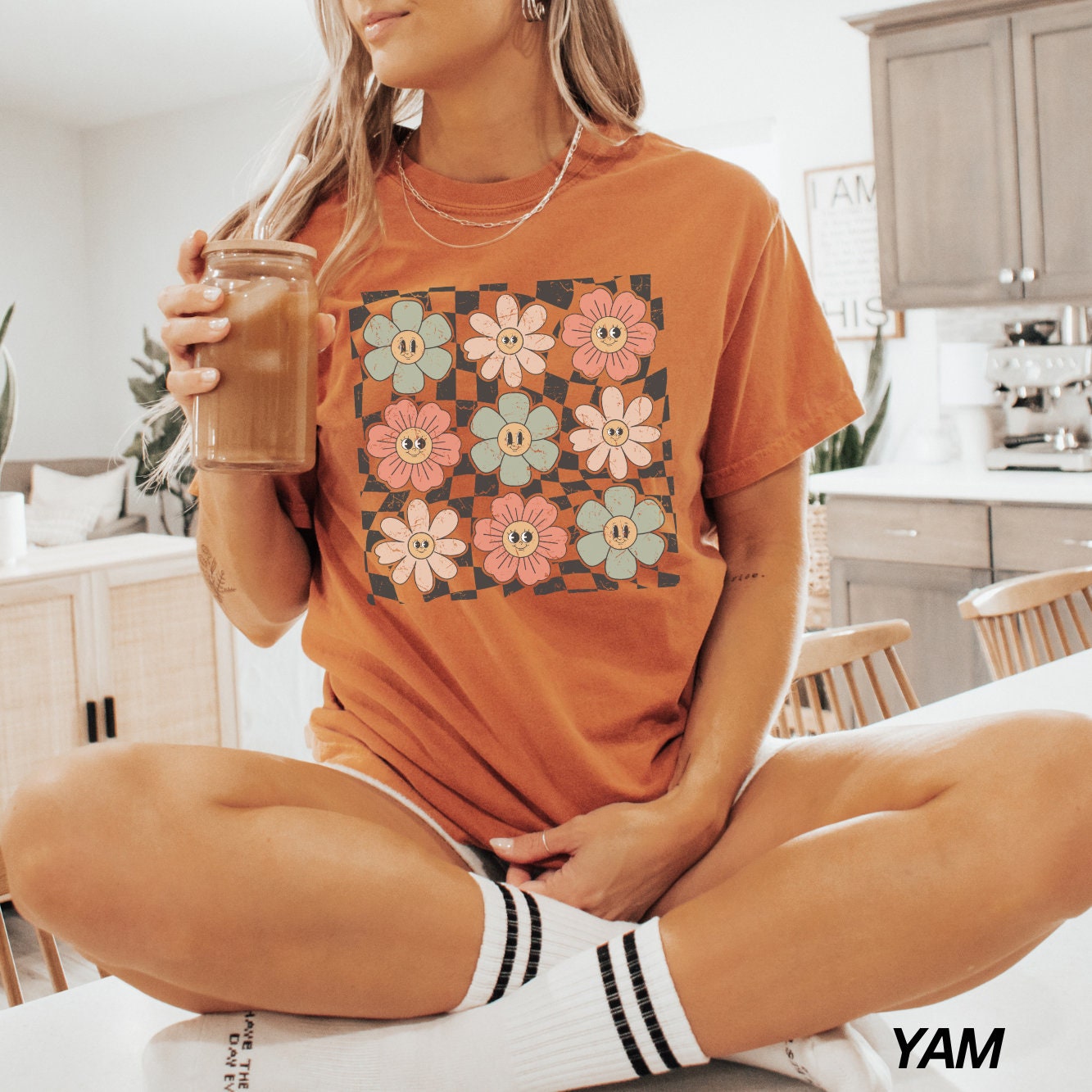 Checkered Flower Shirt, Retro Flowers Tshirt, Summer Shirt