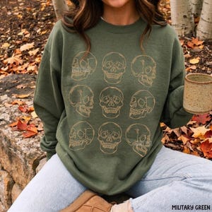 Skeleton Sweatshirt, Skull Halloween Shirt, Vintage Halloween Sweatshirt, Skull Shirt, Gothic Halloween, Sweatshirts for Women, Fall Sweater Military Green