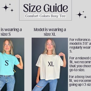 以下が含まれることがあります： ゆったりとしたTシャツのサイズガイド。モデルはSサイズとXLサイズを着用しています。テキストには「Comfort Colors Boxy Tee」と表示されています。