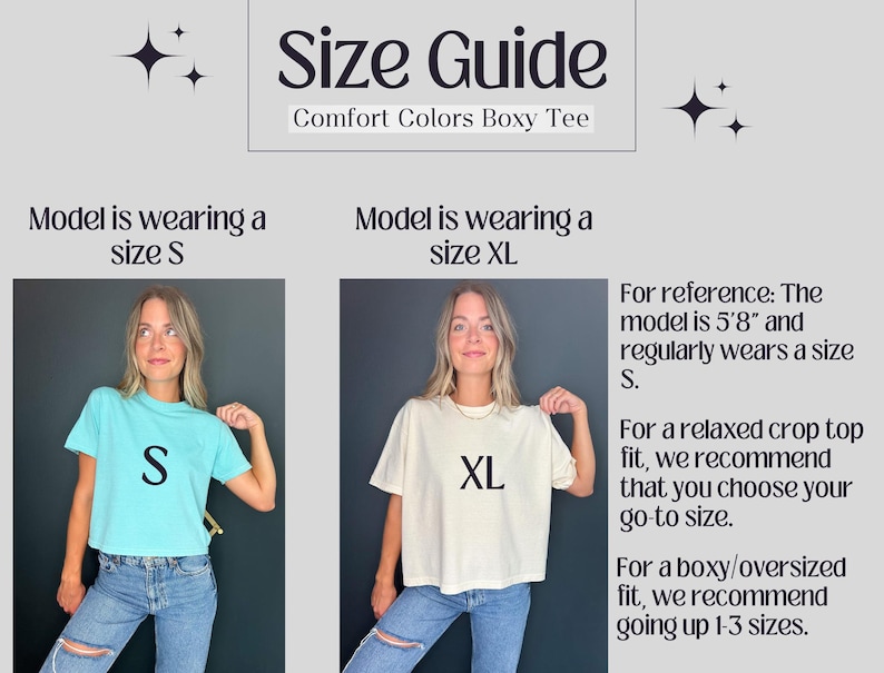 以下が含まれることがあります： ゆったりとしたTシャツのサイズガイド。モデルはSサイズとXLサイズを着用しています。テキストには「Comfort Colors Boxy Tee」と表示されています。