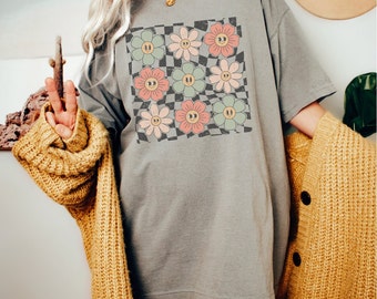 シャツ HUECLOSET Mood Flower Shirt Checkered Flower Shirt, Retro Flowers Tshirt, Summer Shirt