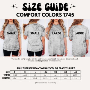 May include: Size chart for a unisex heavyweight colour blast t-shirt. The chart shows measurements in inches for sizes S through 4X. The chart includes width and length measurements.