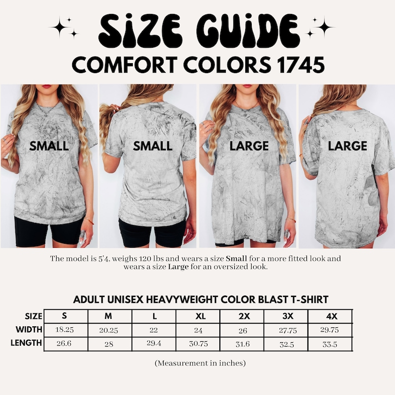 May include: Size chart for a unisex heavyweight colour blast t-shirt. The chart shows measurements in inches for sizes S through 4X. The chart includes width and length measurements.