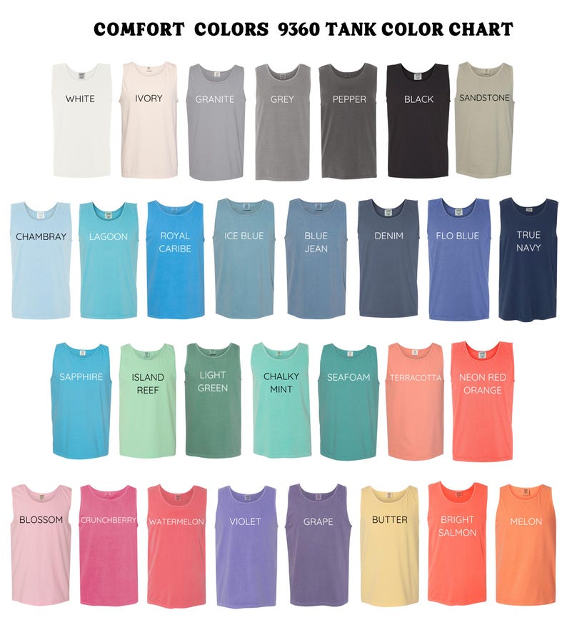 Op de afbeelding: Kleurenkaart van Comfort Colors 9360 tanktops. De kaart toont een verscheidenheid aan kleuren, waaronder wit, ivoor, graniet, grijs, peper, zwart, zandsteen, chambray, lagune, royal caribe, ijsblauw, blue jean, denim, flo blue, marineblauw, saffier, eilandrif, lichtgroen, krijtachtige munt, zeeschuim, terracotta, neonrood oranje, bloesem, crunchberry, watermeloen, violet, druif, boter, heldere zalm en meloen.