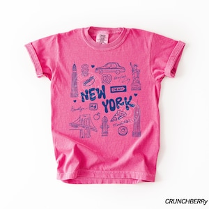 May include: A pink t-shirt with a blue graphic design featuring New York City landmarks and the text "NEW YORK". The design includes illustrations of the Statue of Liberty, the Empire State Building, and a pretzel.
