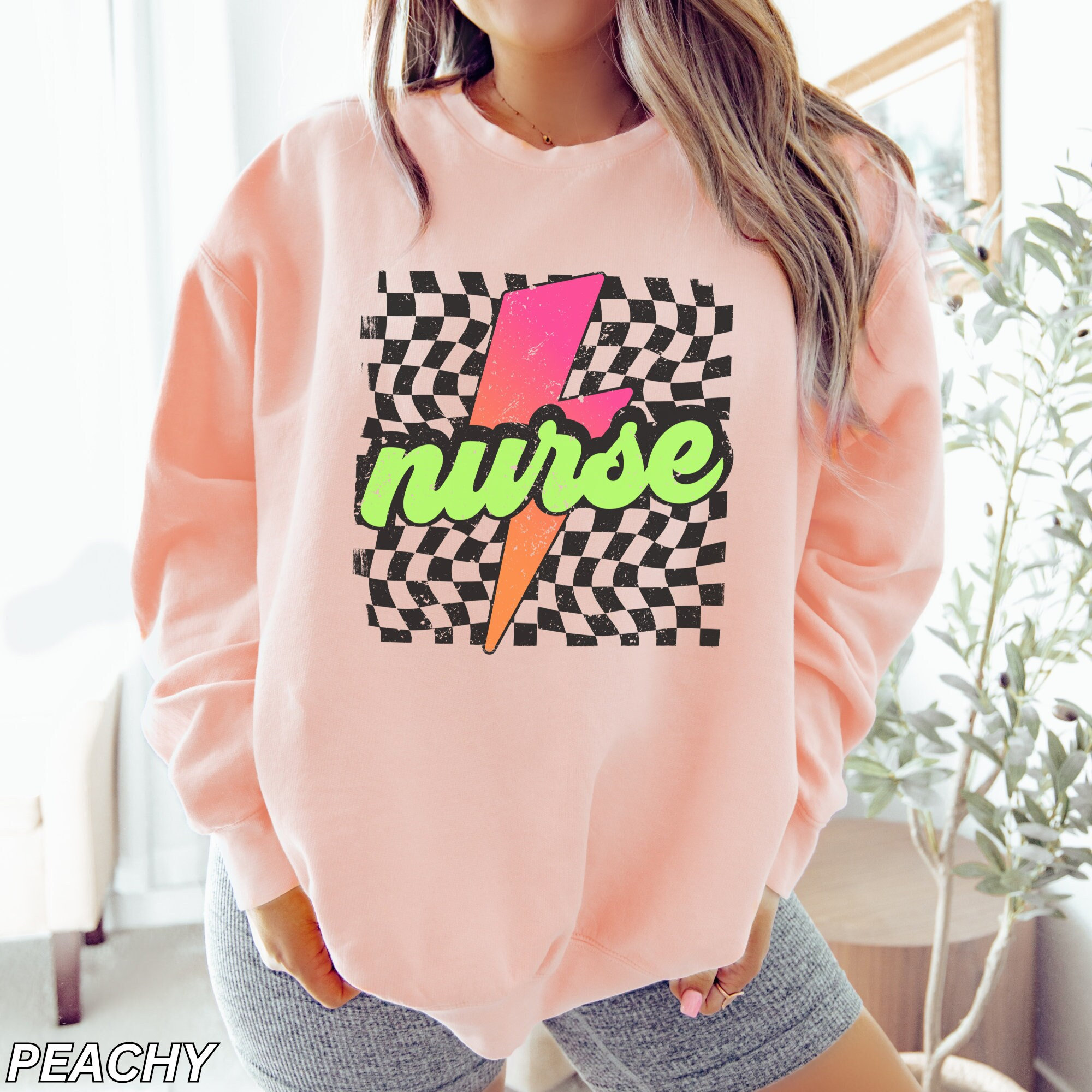 Neon Nurse Sweatshirt, Comfort Colors® LIGHTWEIGHT Sweatshirt, Retro Checkered Nurse Shirt, Lightning Bolt, Registered Nurse, Nurse Life Tee