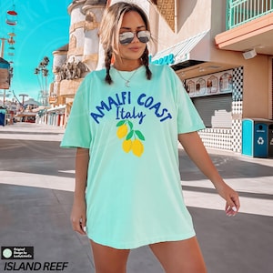 K&ouml;nnte beinhalten: Ein hellblaues T-Shirt mit einem grafischen Aufdruck von Zitronen und dem Text "Amalfi Coast Italy".
