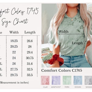 May include: Size chart for a t-shirt in sizes S to 4XL. The chart shows the width and length measurements in inches. The t-shirt is shown on a model wearing a light green shirt with a tie-dye pattern. The chart also shows six colour swatches: clay, amethyst, fern, ocean, smoke, and citrine.