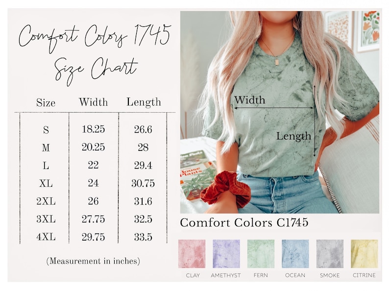 May include: Size chart for a t-shirt in sizes S to 4XL. The chart shows the width and length measurements in inches. The t-shirt is shown on a model wearing a light green shirt with a tie-dye pattern. The chart also shows six colour swatches: clay, amethyst, fern, ocean, smoke, and citrine.