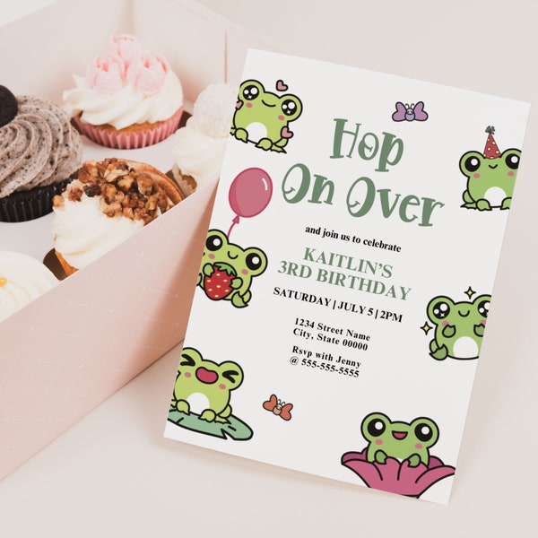 Editable Kawaii Frog Invitation Cute Frog Invite Girl Frog Birthday Froggy Party for Kids Instant Download and Print Self Edit in Canva
