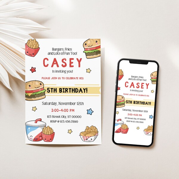 Kawaii Faces Invite Fast Food Birthday Party Invitation Cheeseburger Invite Junk Food Invitation Digital French Fry Invite Template