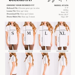 Puede incluir: Gu&iacute;a de tallas para camisetas Comfort Colors 1717. La gu&iacute;a muestra el ajuste de las camisas, incluyendo los ajustes relajado, suelto, oversize y camisa. Las medidas est&aacute;n en pulgadas. Las medidas de la modelo son 163cm, 54kg, 86cm de pecho, 67cm de cintura y 97cm de cadera.