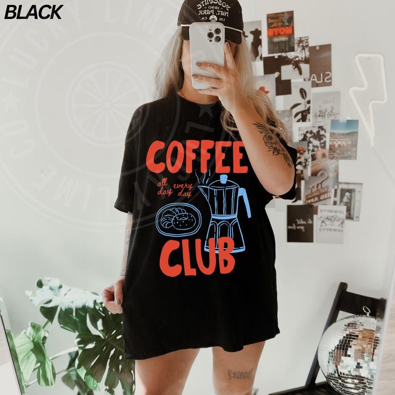 Coffee Club-shirt, Comfort Colors®-T-shirt, cadeau koffieliefhebber, retro koffieshirt, T-shirt Coffee Club, foodie-shirt, esthetisch shirt, trendy T-shirt Black