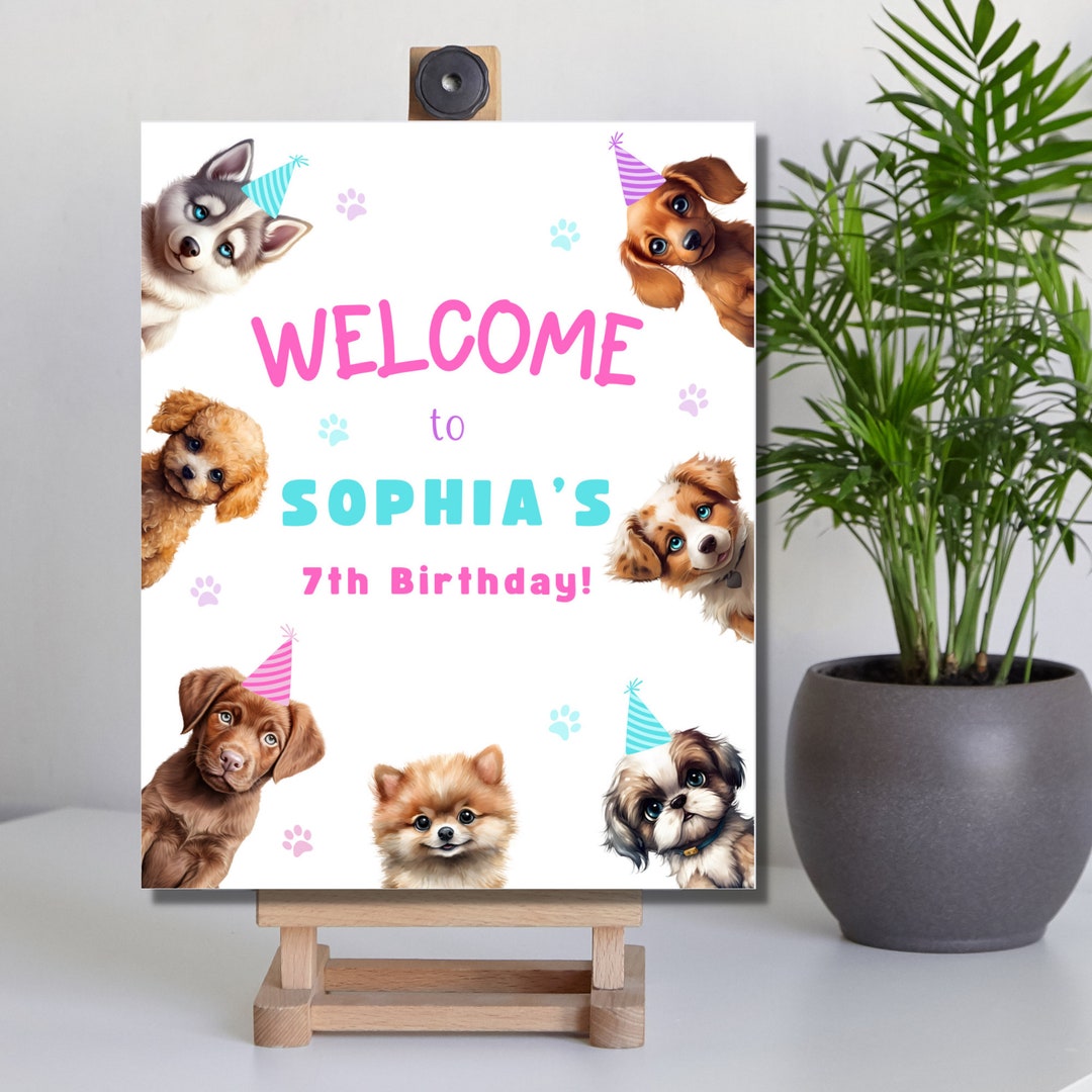 Puppy Welcome Sign, Dog Pawty Birthday Party Poster, Cute Puppy ...