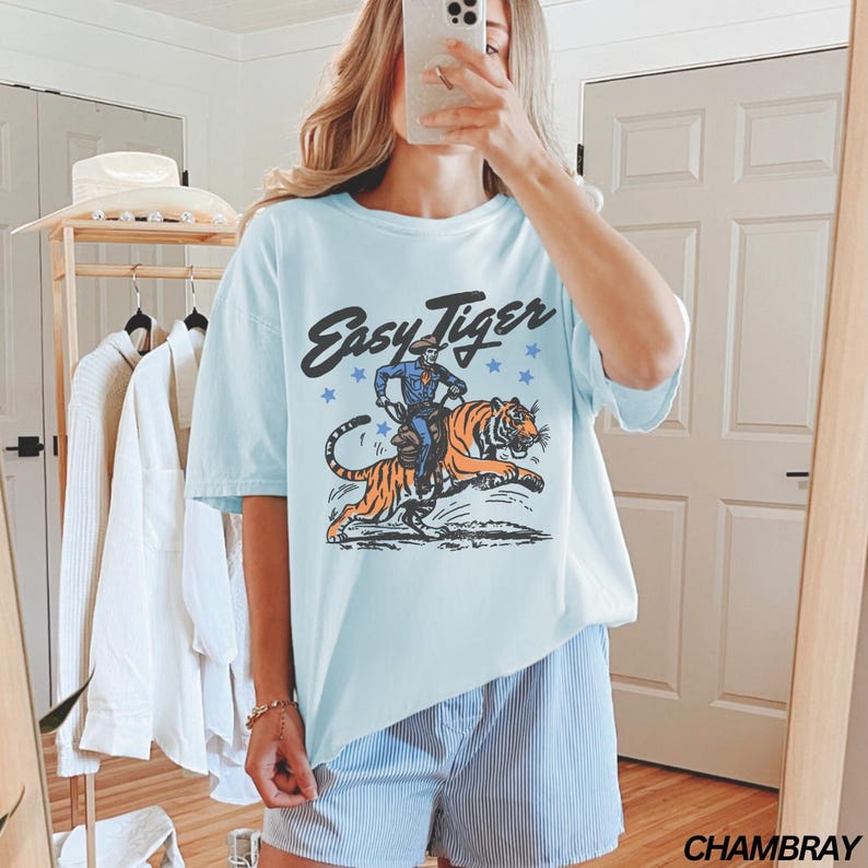 Easy Tiger Shirt, Retro Tiger Shirt, Easy Tiger Tshirt, Funny Shirt, Adult Humor, Comfort Colors® Shirt, Retro Festival Shirt, Boho Hippie Chambray