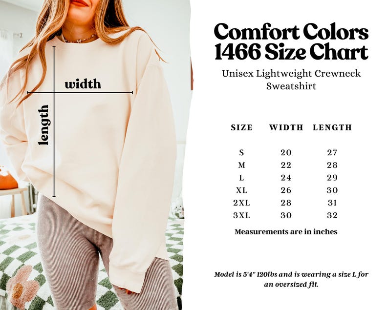 May include: Size chart for a unisex lightweight crewneck sweatshirt in sizes S-3XL. The chart shows the width and length measurements in inches. The model is wearing a size L.