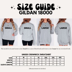 May include: Size chart for a unisex Gildan 18000 crewneck sweatshirt. The chart shows measurements in inches for width, length, and sleeve length for sizes S through 4XL.