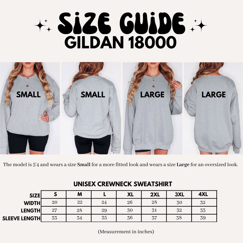 May include: Size chart for a unisex Gildan 18000 crewneck sweatshirt. The chart shows measurements in inches for width, length, and sleeve length for sizes S through 4XL.