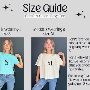 K&ouml;nnte beinhalten: Eine Gr&ouml;&szlig;entabelle f&uuml;r ein kastiges Comfort Colors T-Shirt mit zwei Fotos einer Person, die ein hellblaues T-Shirt in Gr&ouml;&szlig;e S und ein cremefarbenes T-Shirt in Gr&ouml;&szlig;e XL tr&auml;gt. Der Text enth&auml;lt Gr&ouml;&szlig;enempfehlungen und Hinweise zur Passform.