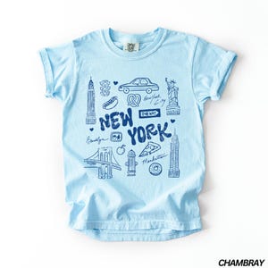 May include: Light blue t-shirt with a navy blue graphic of New York City landmarks, including the Statue of Liberty, the Empire State Building, and the Brooklyn Bridge. The word "NEW YORK" is prominently displayed.