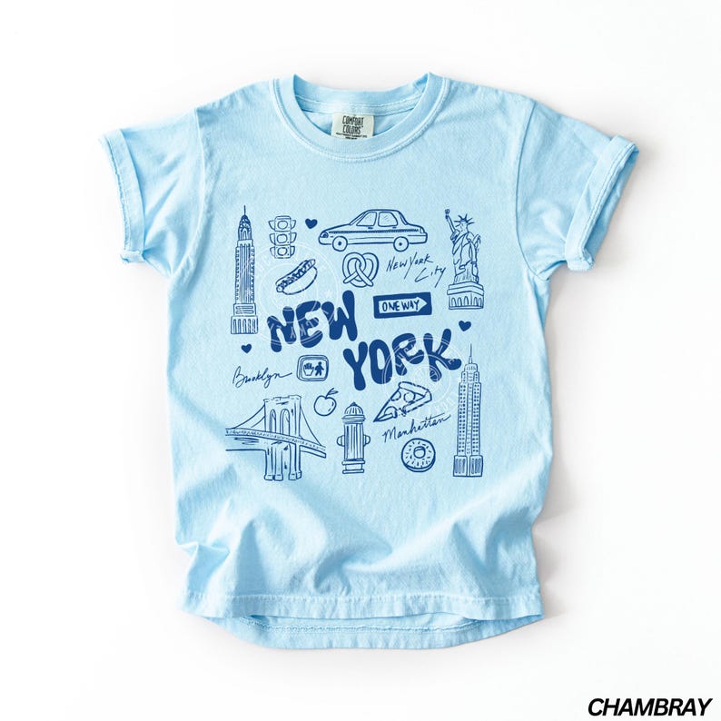 May include: Light blue t-shirt with a navy blue graphic of New York City landmarks, including the Statue of Liberty, the Empire State Building, and the Brooklyn Bridge. The word "NEW YORK" is prominently displayed.