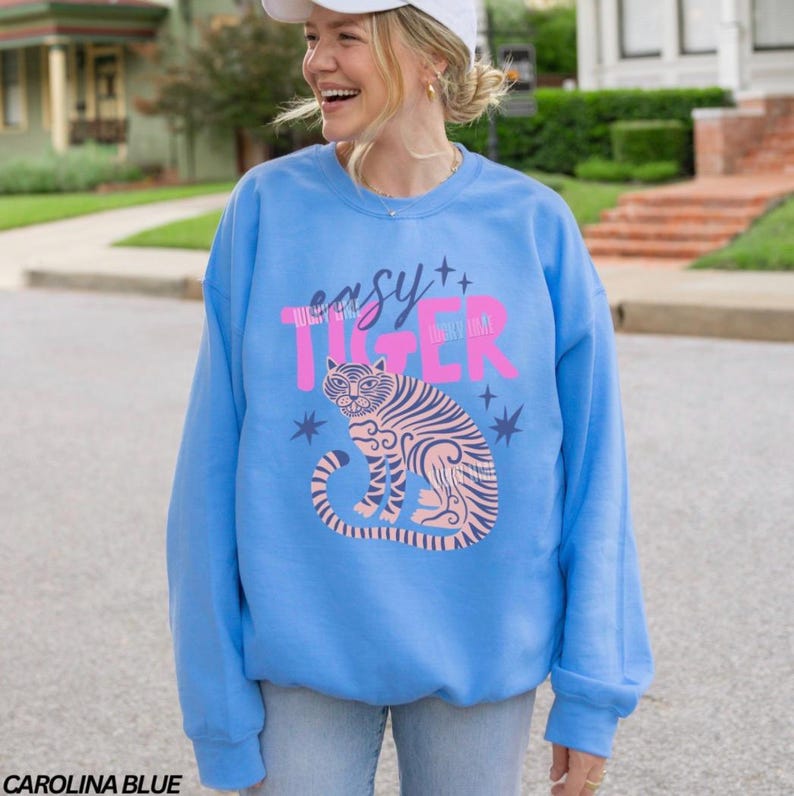 Easy Tiger Sweatshirt, Retro Tiger Shirt, Tiger Crewneck Sweatshirt, Trendy Boho Shirt, Cool Tees for Women, Retro Vintage Tiger Shirt Carolina Blue