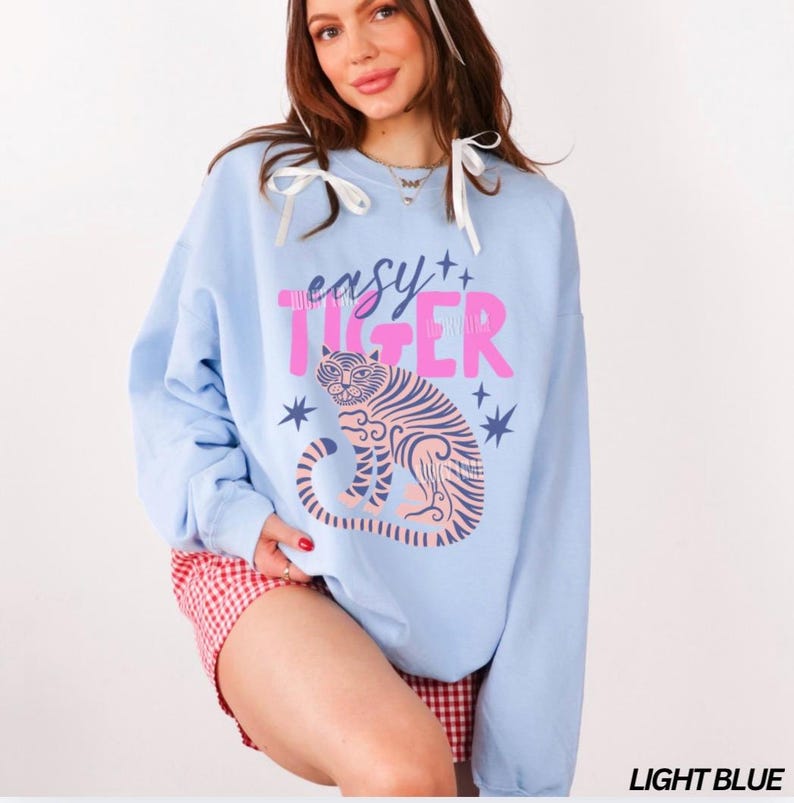 Easy Tiger Sweatshirt, Retro Tiger Shirt, Tiger Crewneck Sweatshirt, Trendy Boho Shirt, Cool Tees for Women, Retro Vintage Tiger Shirt Light Blue