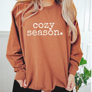 May include: A brown long-sleeved sweatshirt with the text "cozy season." printed in white.