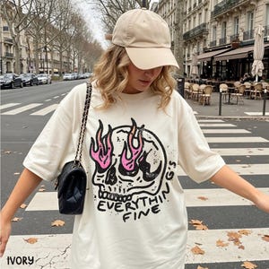 Everything is Fine Shirt, Retro Grunge Shirt, Sarcastic Shirt, Funny Skeleton Shirt, Festival Shirt, Comfort Colors®, Rebel Tee, Pink Flames Ivory