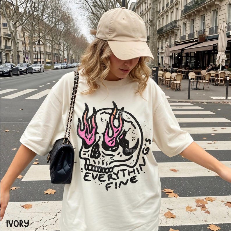 Everything is Fine Shirt, Retro Grunge Shirt, Sarcastic Shirt, Funny Skeleton Shirt, Festival Shirt, Comfort Colors®, Rebel Tee, Pink Flames Ivory