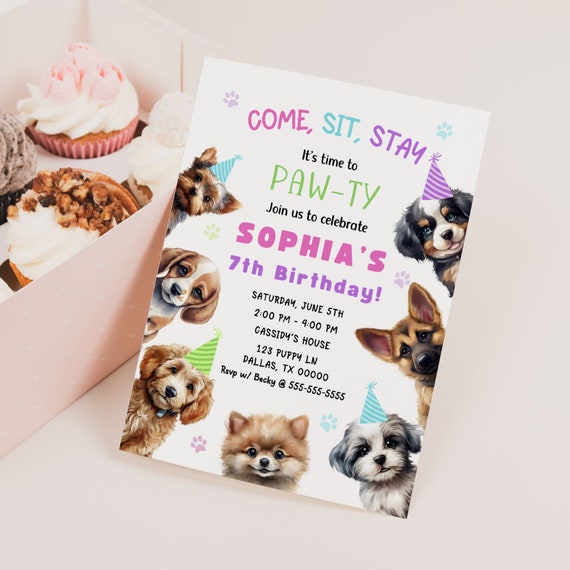 Lets Pawty Birthday Invitation Editable Girl Puppy Dog 