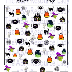 May include: A black and white printable Halloween I-Spy game with a white background and various Halloween images including a witch, a mummy, a spider, a candy corn, a haunted house, and a black cat. The game includes a list of items to find and a blank space for the player to write the number of times each item appears in the image.
