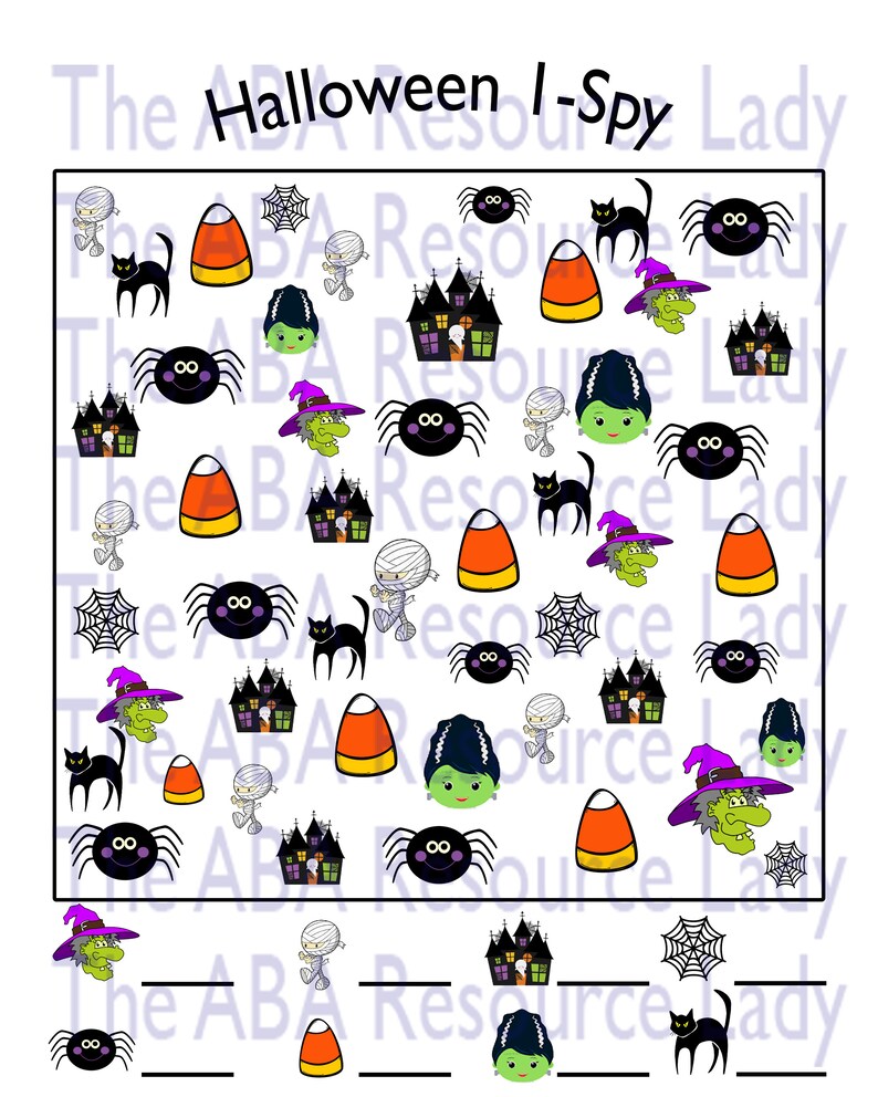 May include: A black and white printable Halloween I-Spy game with a white background and various Halloween images including a witch, a mummy, a spider, a candy corn, a haunted house, and a black cat. The game includes a list of items to find and a blank space for the player to write the number of times each item appears in the image.