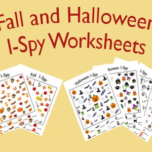 Könnte beinhalten: Ein Satz druckbarer I-Spy-Arbeitsblätter mit Herbst- und Halloween-Motiven. Die Arbeitsblätter enthalten Bilder von Kürbissen, Eicheln, Fledermäusen, Geistern und Mais.