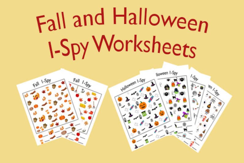May include: A set of printable I-Spy worksheets featuring fall and Halloween themes. The worksheets include images of pumpkins, acorns, bats, ghosts, and candy corn.