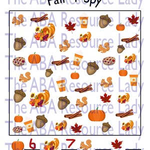 May include: A printable Fall I-Spy activity sheet with a grid of autumn-themed images. The images include pumpkins, acorns, squirrels, cinnamon sticks, fall leaves, and a cornucopia. The text "Fall I-Spy" is at the top of the sheet. The numbers 6, 7, and 8 are written below the grid, with lines for counting the number of each item.