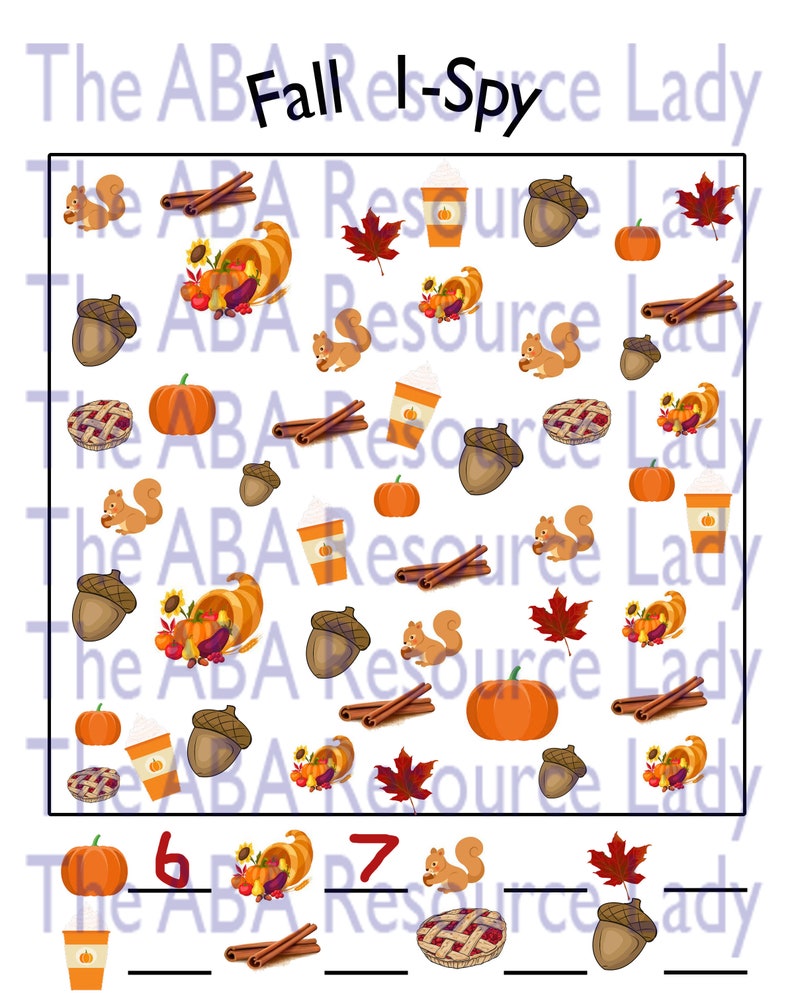 May include: A printable Fall I-Spy activity sheet with a grid of autumn-themed images. The images include pumpkins, acorns, squirrels, cinnamon sticks, fall leaves, and a cornucopia. The text "Fall I-Spy" is at the top of the sheet. The numbers 6, 7, and 8 are written below the grid, with lines for counting the number of each item.