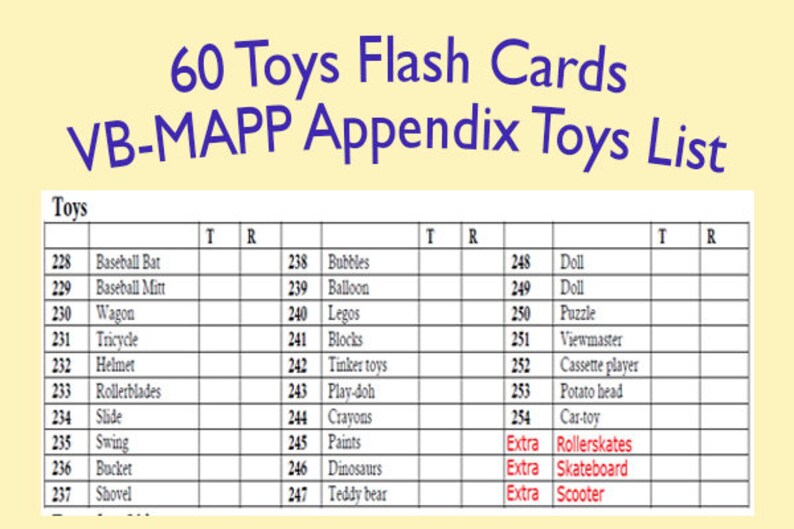 60 Toys Flash Cards - VB-MAPP Appendix List - Etsy