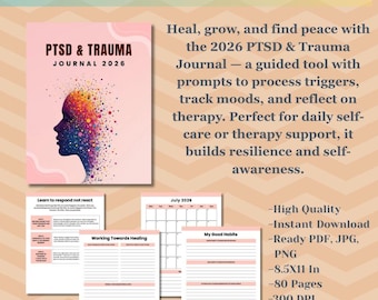 Diario di guarigione da disturbo da stress post-traumatico e traumi 2026 - PDF, JPG e PNG stampabili, quaderno di lavoro per la cura di sé di 80 pagine con modello Canva